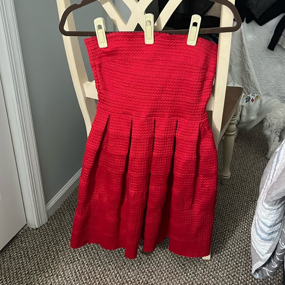 Red layered strapless dress